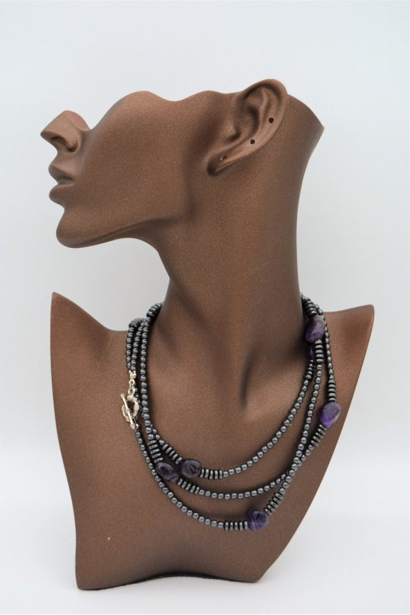 STONEAGE Ametist ve Hematit Taşlı Tasarım Gemici Kilit Kolye - Resim 4