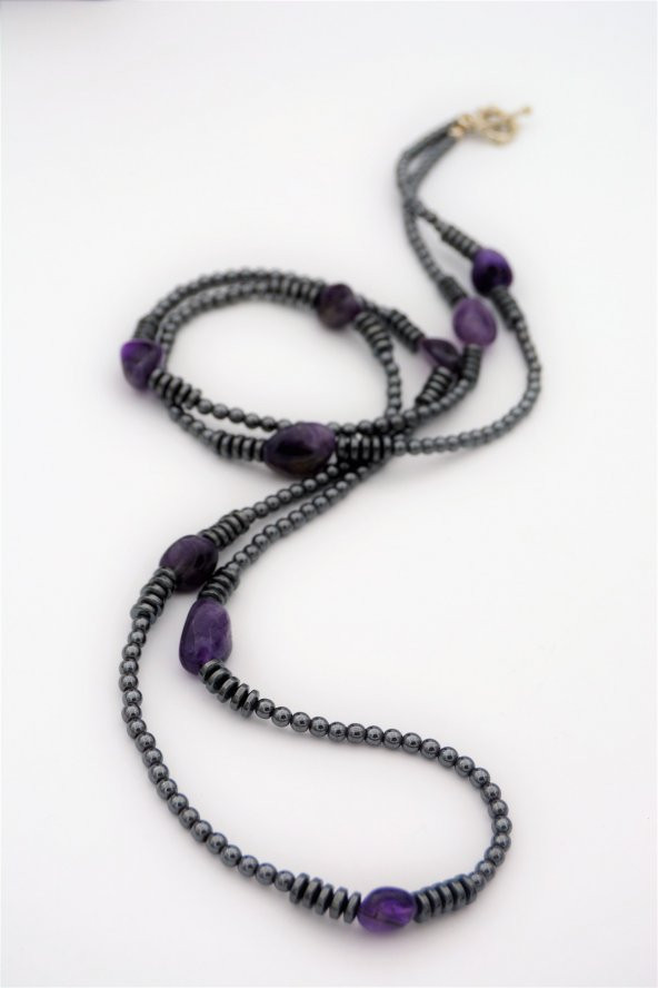 STONEAGE Ametist ve Hematit Taşlı Tasarım Gemici Kilit Kolye - Resim 5