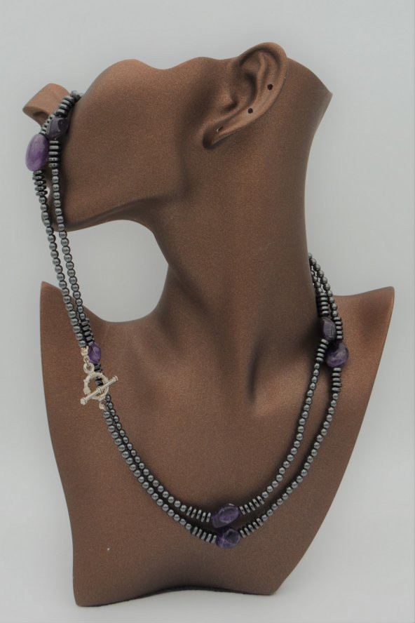 STONEAGE Ametist ve Hematit Taşlı Tasarım Gemici Kilit Kolye - Resim 6