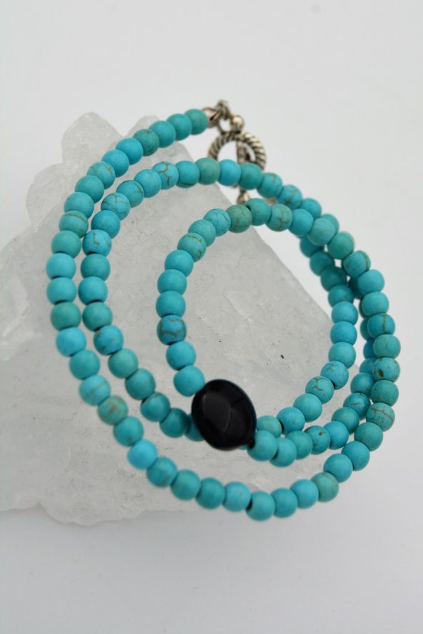 STONEAGE Oniks ve Turkuaz T Kilit Şifa Kolyesi - Resim 2