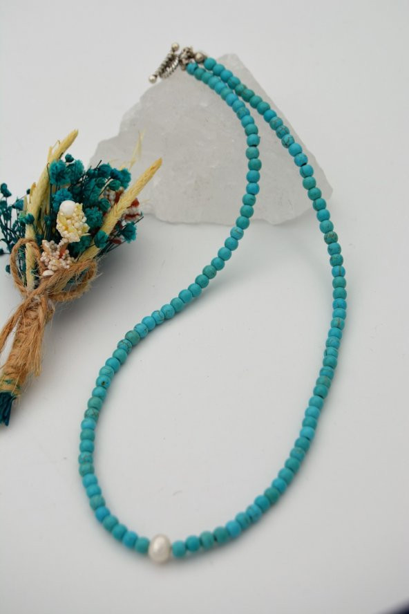 STONEAGE İnci ve Turkuaz T Kilit Şifa Kolyesi - Resim 4