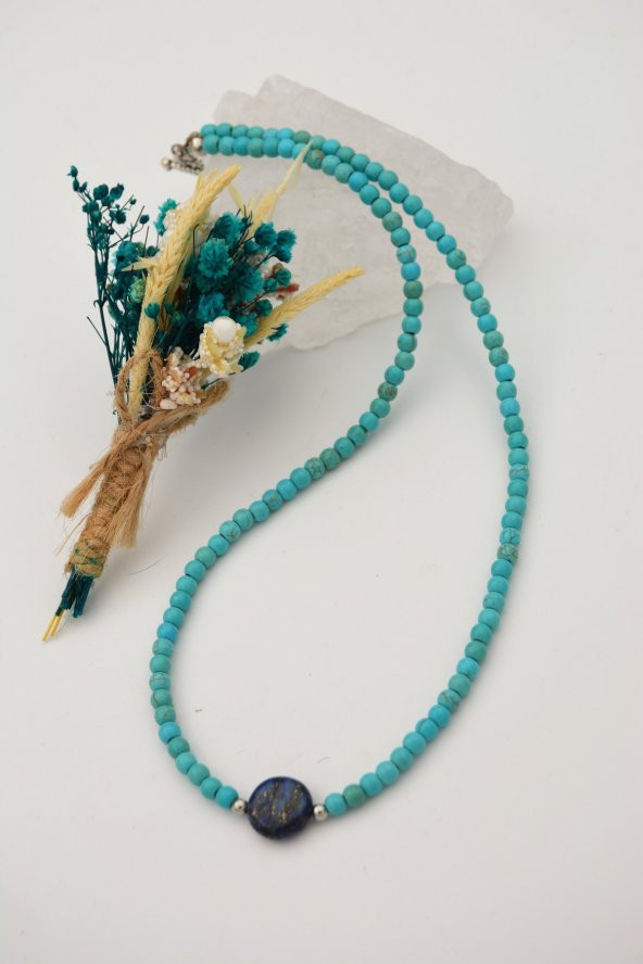 STONEAGE Lapis Lauli ve Turkuaz Taşlı T Kilit Şifa Kolyesi - Resim 3