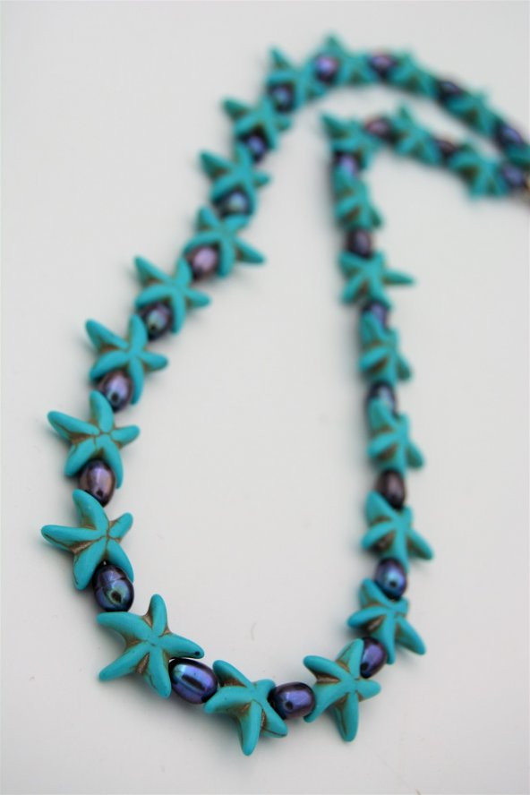 STONEAGE Siyah İnci ve Turkuaz Taşlı T Kilit Şifa Kolyesi Nazar İçin ürün görseli