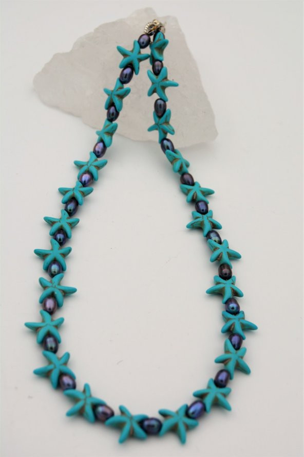 STONEAGE Siyah İnci ve Turkuaz Taşlı T Kilit Şifa Kolyesi Nazar İçin - Resim 6