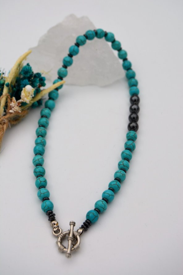 STONEAGE Hematit ve Turkuaz Taşlı T Kilit Şifa Kolyesi - Resim 3