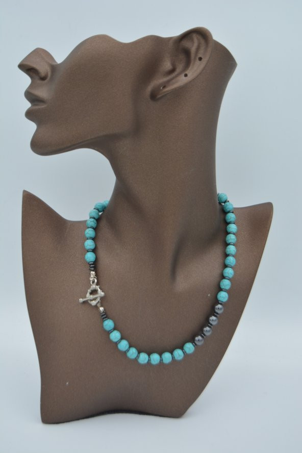 STONEAGE Hematit ve Turkuaz Taşlı T Kilit Şifa Kolyesi - Resim 4