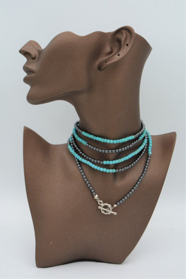 STONEAGE Hematit ve Turkuaz Taşlı Gemici Kilitli Şifa Kolyesi - Resim 3