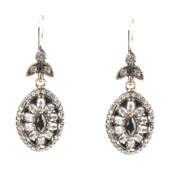 925 Ayar Gümüş ve Bronz Karışımı Marquise Safir ve Zirkon Taşlı Otantik Küpe ürün görseli 1