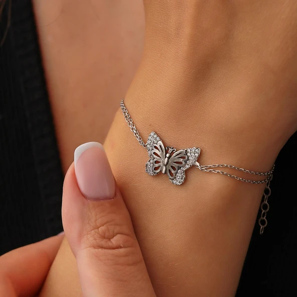 925 Ayar Gümüş Kelebek Model Bileklik, Beyaz - Beyaz Taş ürün görseli