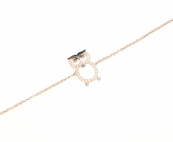 925 Ayar Gümüş Baykuş Model Zincir Bileklik, Pembe ürün görseli 1