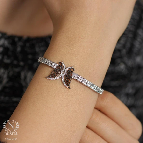 925 Ayar Gümüş Kelebek Modeli Su Yolu Bileklik, Beyaz Siyah - Beyaz Taş ürün görseli 1