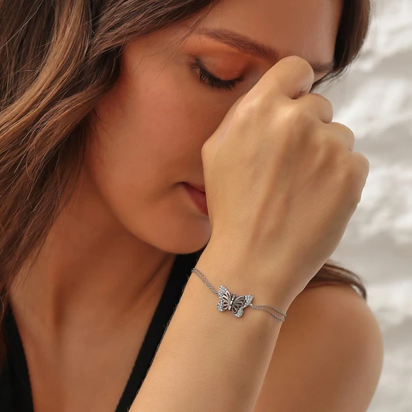 925 Ayar Gümüş Kelebek Model Bileklik, Beyaz - Beyaz Taş - Resim 6