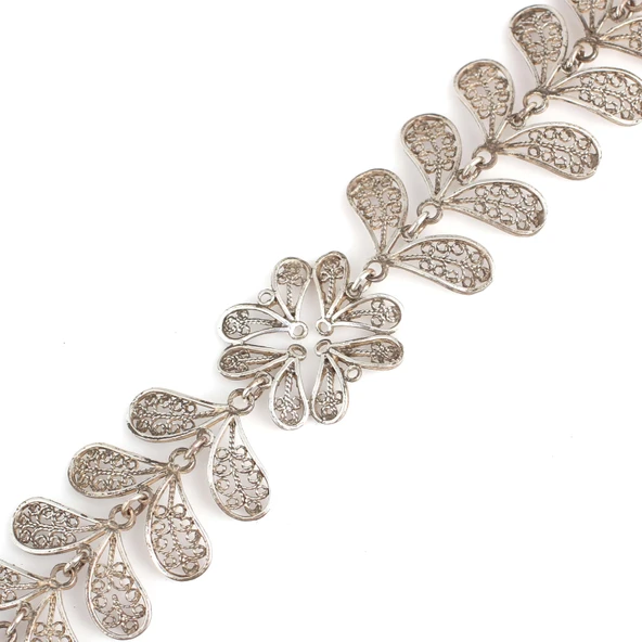 925 Ayar Gümüş Yaprak Motifli Telkari Bileklik - Resim 3