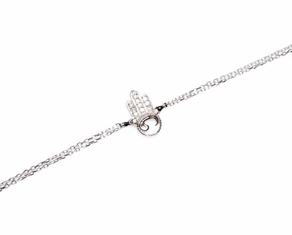 925 Ayar Gümüş Fatma Eli Vavlı Çift Zincir Bileklik, Beyaz Taş ürün görseli