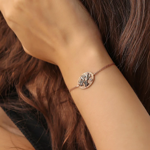 925 Ayar Gümüş Yaprak Modeli Zincir Bileklik, Pembe ürün görseli 1