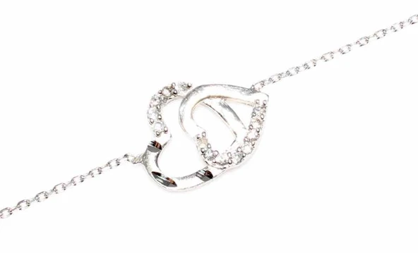 925 Ayar Gümüş Kalemli İki Kalp Modeli Zincir Bileklik, Beyaz - Resim 2