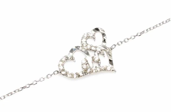 925 Ayar Gümüş Kalemli Üç Kalp Modeli Zincir Bileklik, Beyaz - Beyaz Taş - Resim 2