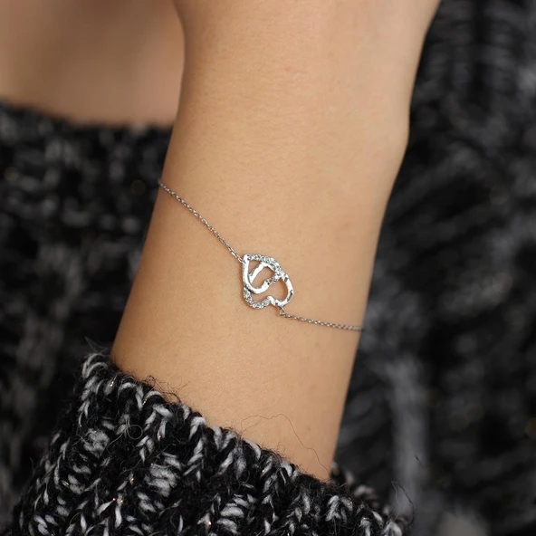 925 Ayar Gümüş Kalemli İki Kalp Modeli Zincir Bileklik, Beyaz - Resim 4