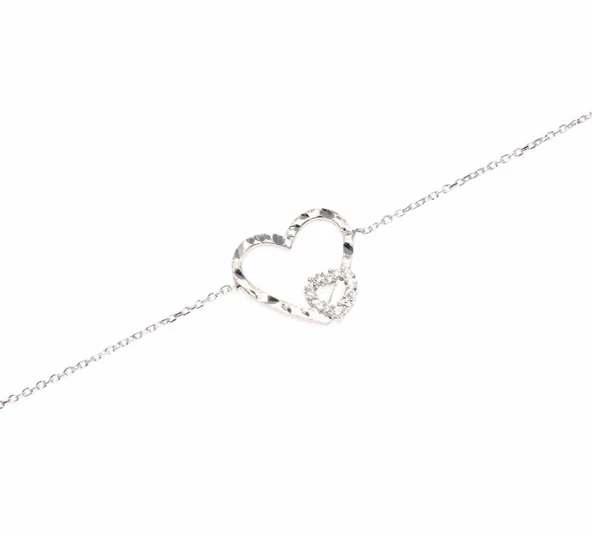 925 Ayar Gümüş Kalemli İki Kalp Modeli Zincir Bileklik, Beyaz - Beyaz Taş - Resim 3