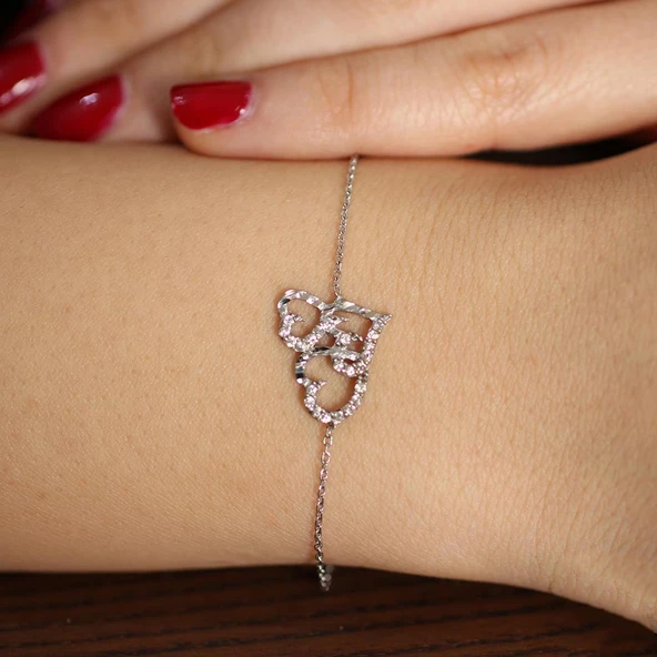 925 Ayar Gümüş Kalemli Üç Kalp Modeli Zincir Bileklik, Beyaz - Beyaz Taş - Resim 5