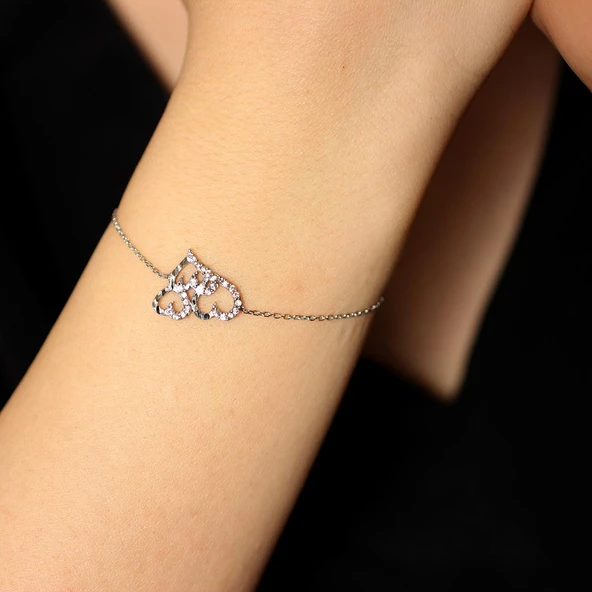 925 Ayar Gümüş Kalemli Üç Kalp Modeli Zincir Bileklik, Beyaz - Beyaz Taş ürün görseli