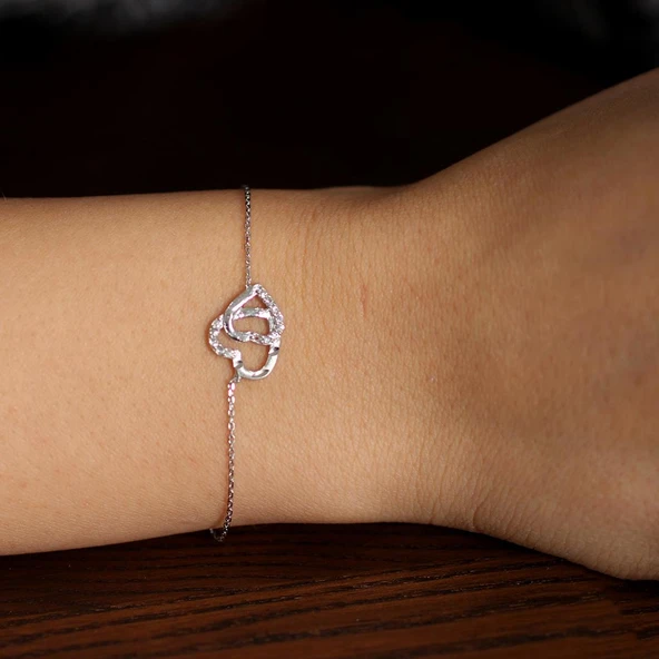 925 Ayar Gümüş Kalemli İki Kalp Modeli Zincir Bileklik, Beyaz ürün görseli 1