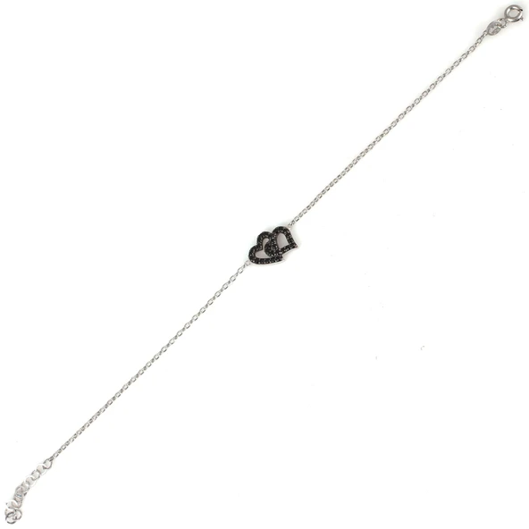 925 Ayar Gümüş Çift Kalp Modeli Zincir Bileklik, Beyaz - Siyah Taş - Resim 2