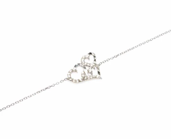 925 Ayar Gümüş Kalemli Üç Kalp Modeli Zincir Bileklik, Beyaz - Beyaz Taş - Resim 3