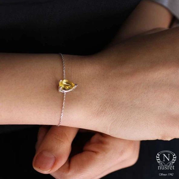 925 Ayar Gümüş Sarı Sitrin Taşlı Bileklik - Resim 5