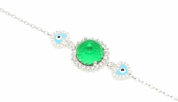 925 Ayar Gümüş Yeşil Taşlı Kalp Bileklik, Beyaz - Resim 2