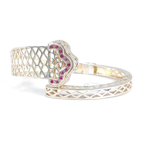 925 Ayar Gümüş Pembe Taşlı Ajur Bilezik ürün görseli