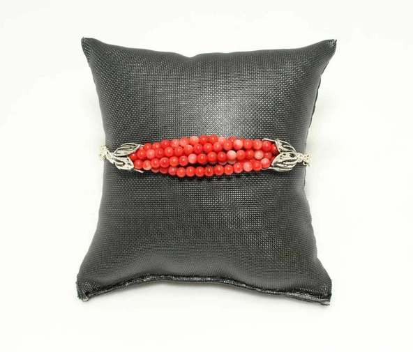 925 Ayar Gümüş Mercan Taşlı Zincir Bileklik - Resim 3