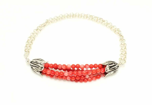 925 Ayar Gümüş Mercan Taşlı Zincir Bileklik ürün görseli