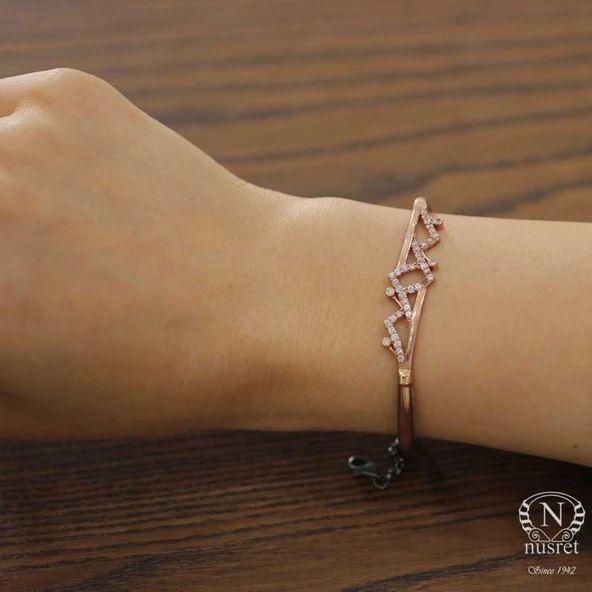 925 Ayar Rose Gümüş Taşlı Zikzak Bilezik ürün görseli