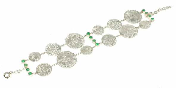 925 Ayar Gümüş Zümrüt Taşlı Paralı Bileklik ürün görseli