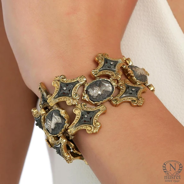 925 Ayar Gümüş Elizabeth Desenli Paftalı Antik Bizans Bileklik ürün görseli 1