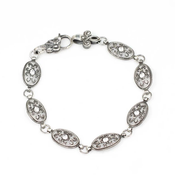 925 Ayar Gümüş Siyah Rodajlı Zirkon Taşlı Antik Bileklik - Resim 4