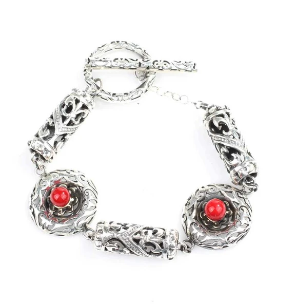 925 Ayar Gümüş Mercan Taşlı Antik Bileklik - Resim 3