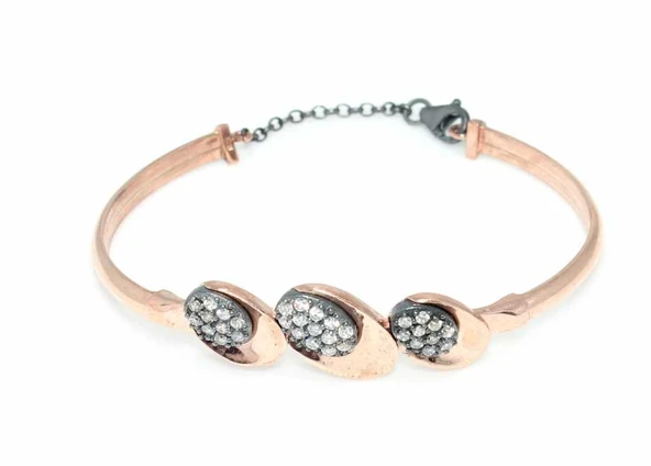 925 Ayar Rose Gümüş Üçlü Oval Desenli Bilezik - Resim 2