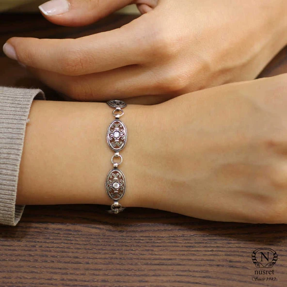 925 Ayar Gümüş Siyah Rodajlı Zirkon Taşlı Antik Bileklik - Resim 6