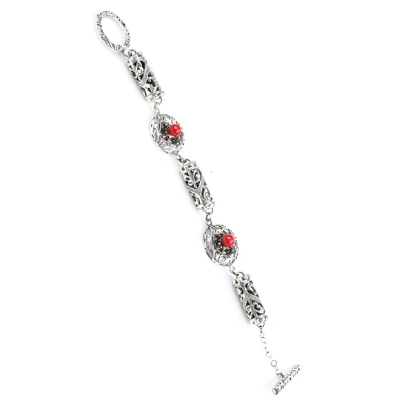 925 Ayar Gümüş Mercan Taşlı Antik Bileklik - Resim 6