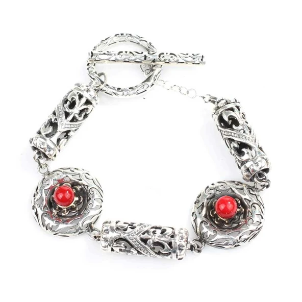 925 Ayar Gümüş Mercan Taşlı Antik Bileklik - Resim 4