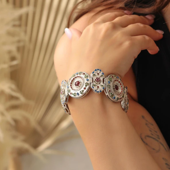 925 Ayar Gümüş Mineli Yuvarlak Paftalı Bileklik - Resim 2