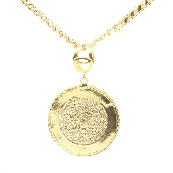 925 Ayar Sarı Gümüş Eski Saat Kadranı Pullu Zincir Kolye - Resim 3