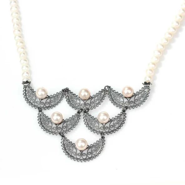 925 Ayar Gümüş İnci Taşlı Telkari Kolye - Resim 3