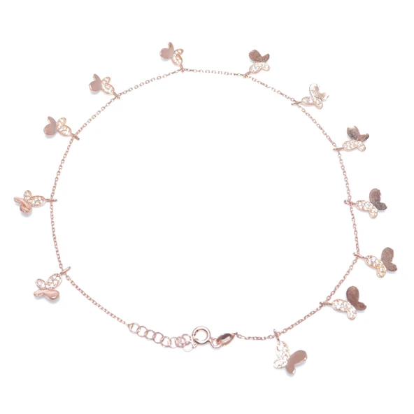 925 Ayar Rose Gümüş 12 Kelebekli Halhal Bileklik, Beyaz Taş ürün görseli