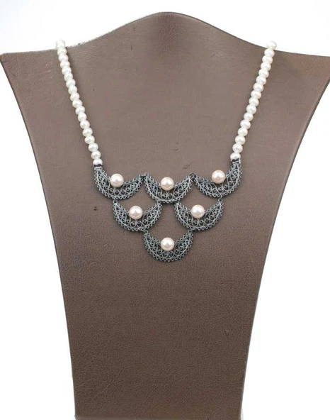 925 Ayar Gümüş İnci Taşlı Telkari Kolye - Resim 2