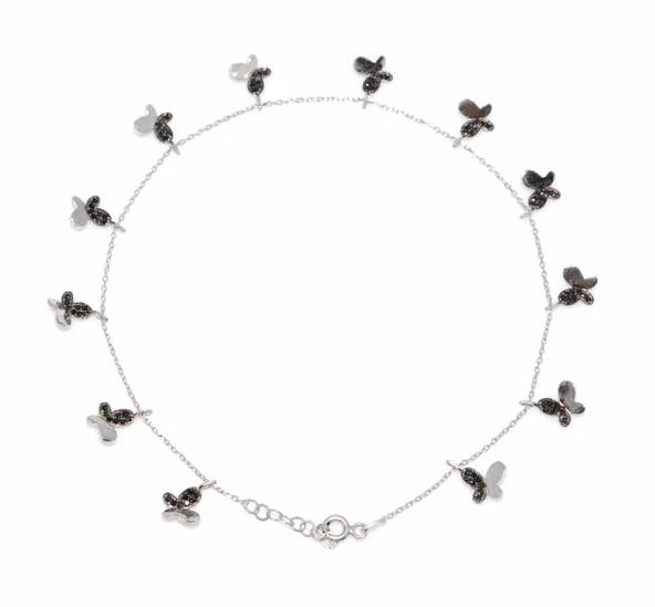 925 Ayar Gümüş Halhal Bileklik 12 Kelebekli, Beyaz - Siyah Taş - Resim 2