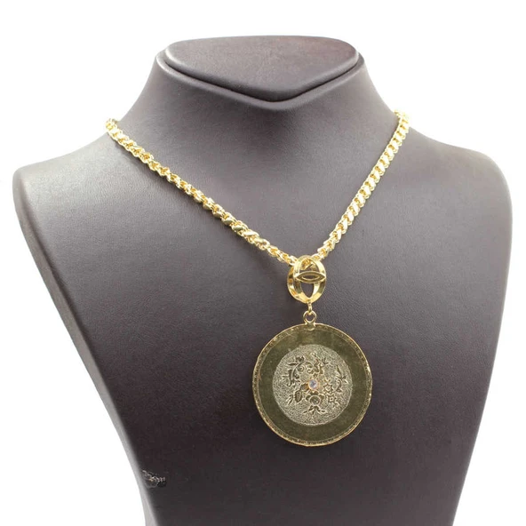 925 Ayar Sarı Gümüş Eski Saat Kadranı Pullu Zincir Kolye - Resim 4