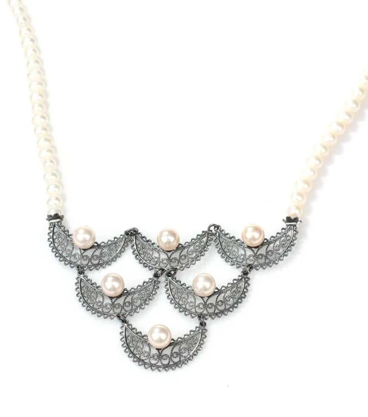 925 Ayar Gümüş İnci Taşlı Telkari Kolye - Resim 4